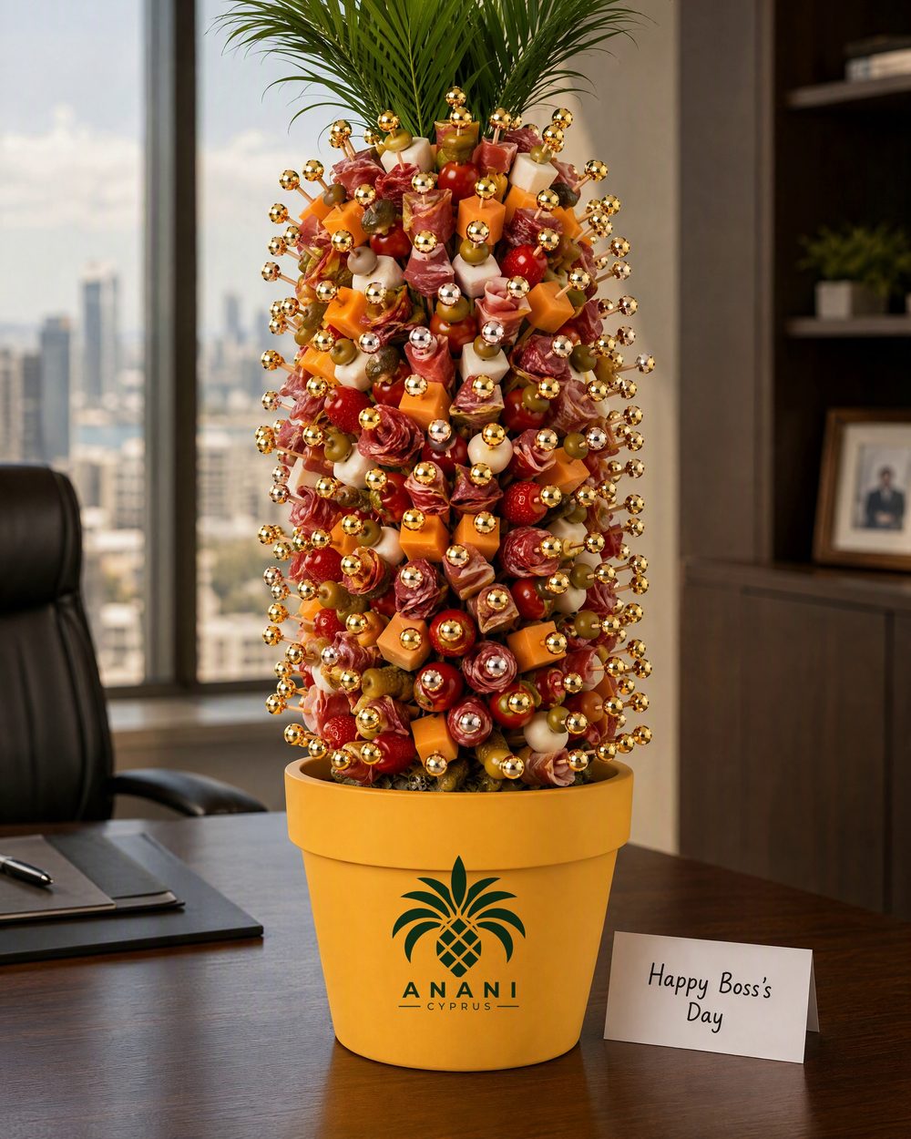 Boss Edition meat-and-cheese tree with gold balls on a director's desk